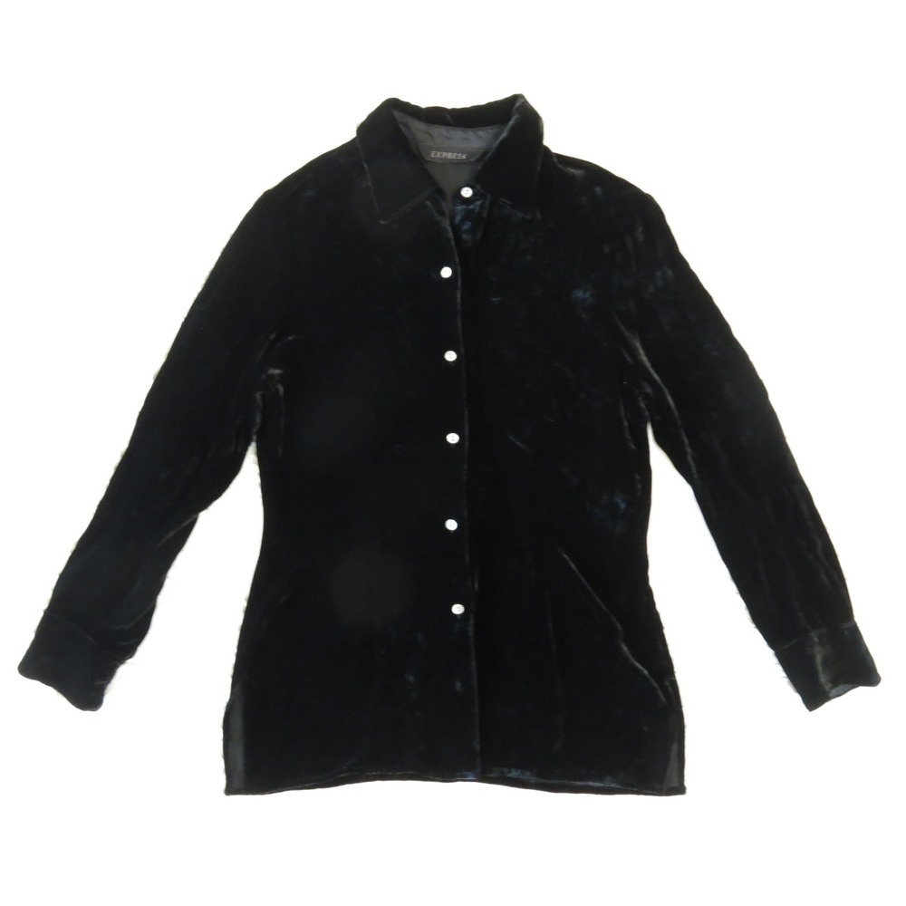 Vintage 90s Express Black Silk Rayon Velvet Shirt Small Whimsigoth Witchy Tunic